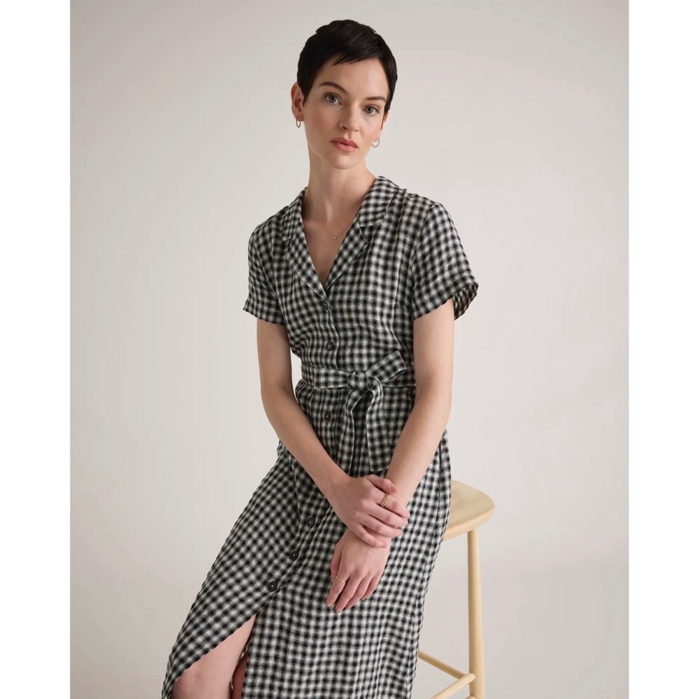 New Quince 100% European Linen Button Front Dress in Gingham Medium